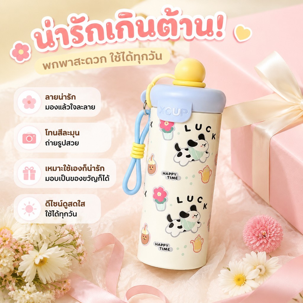 สแตนเลส 316 แก้วเก็บความเย็น 600ML รูปแบบการ์ตูน สายคล้องมือ สองวิธีดื่ม เก็บความอบอุ่นและความเย็น