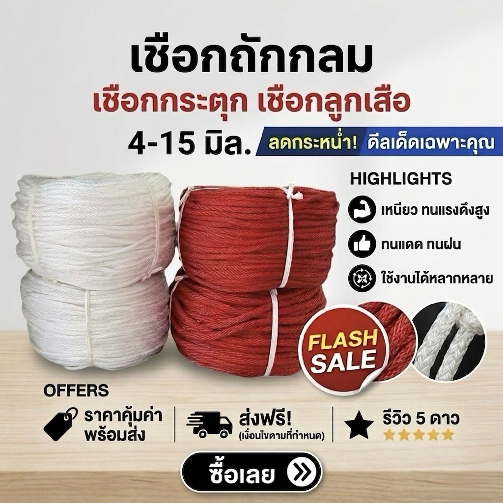 เชือกถักกลม เชือกกระตุก เชือกลูกเสือ เชือกไนล่อน 4-15มิล เกรดA เชือกอเนกประสงค์ เชือกมัดของ เชือกถักกลม เชือกโยงทุเรียน