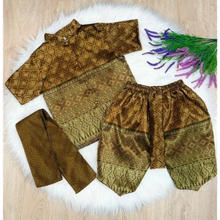 ชุดไทยเด็กผู้ชาย คอจีนผ้าไหมลำพูน เสื้อ+โจงกระเบนและผ้าคาดเอว FV107