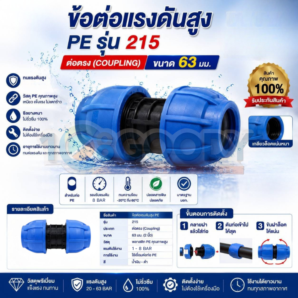 SUPERPRODUCT ข้อต่อตรง/ ข้อต่อท่อ PE รุ่น 215 ขนาด 63 มม. | Compression Fitting | สำหรับระบบน้ำเกษตร รับแรงดันสูง