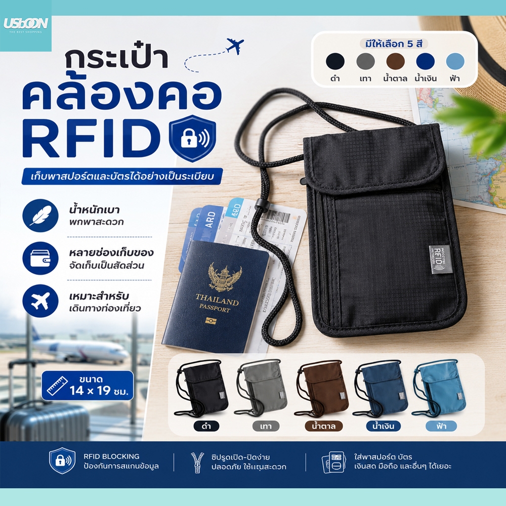 กระเป๋าเก็บเอกสาร ป้องกันสัญญาณ RFID กระเป๋าพาสปอร์ต แบบคล้องคอ