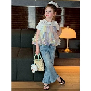 MC326 ชุดเซ็ตเด็กหญิง เสื้อแขนสั้นระบายสีรุ้ง พร้อมกางเกงยีนส์