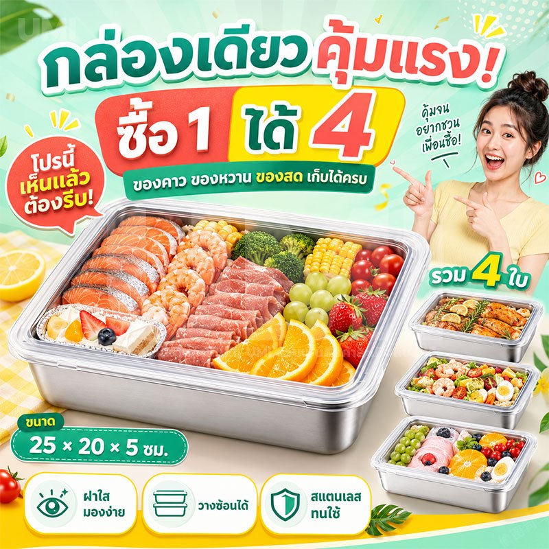 ถาดสแตนเลส มีฝาปิดใส ใถาดใส่อาหาร ผัก ขนม ซูชิ ขนมปัง ผลไม้ กันน้ำ กันฝุ่น อเนกประสงค์ ขนาดใหญ่ วางซ้อนกันได้ ซื้อ1แถม1