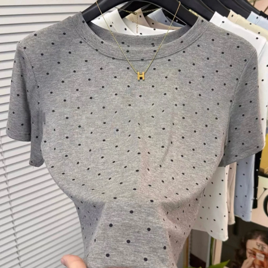 UM M-3XL ไหล่ผู้หญิง ลายจุด สไตล์เกาหลี ดีไซน์สุดคลาสสิก แขนสั้นเสื้อยืด สายรัด ฤดูร้อน ทุกโอกาส เกาหลี หญิง สาว ฮอต
