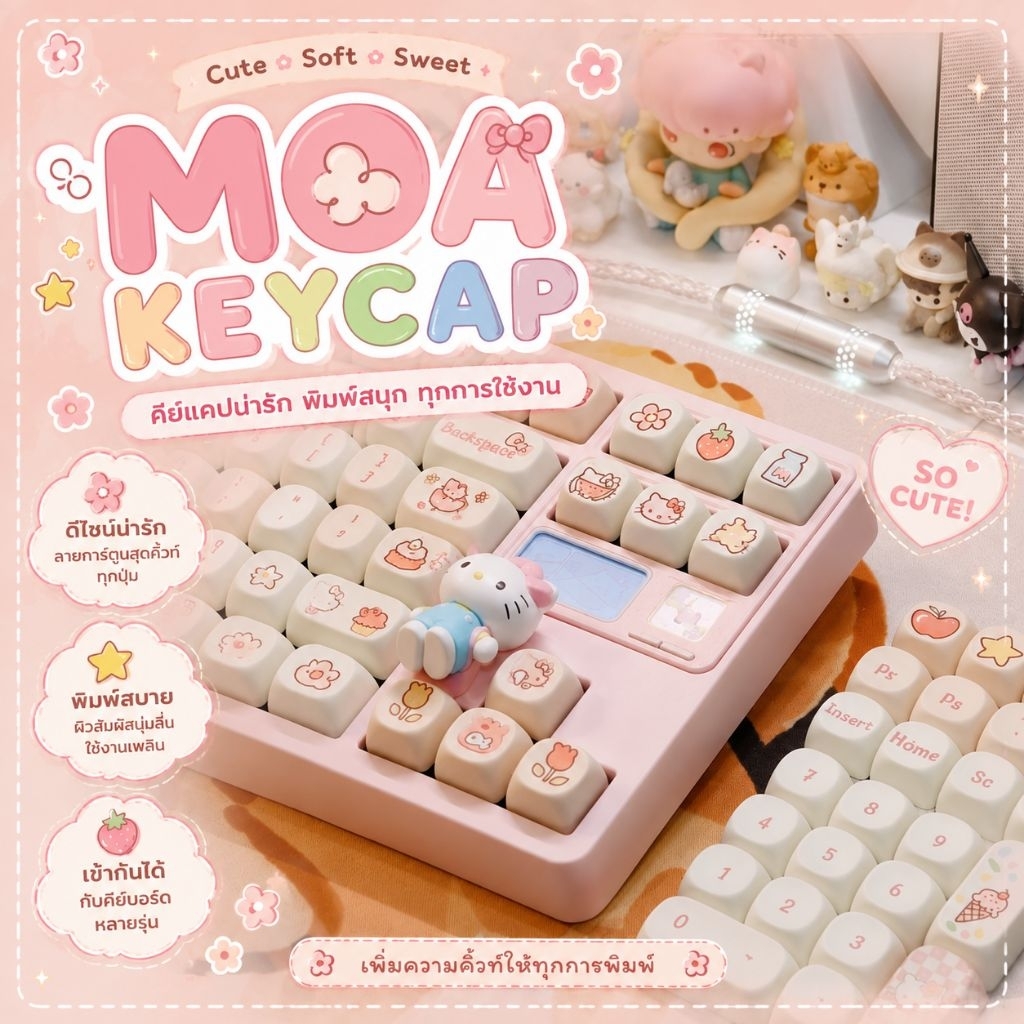 คีย์แคป MOA น่ารัก พร้อมส่งจากไทย PBT MOA Keycap 95 & 114 & 132 keys หนา1.7 mm แถมสติ๊กเกอร์ไทย มายเม ซามอย chiikawa ฯลฯ