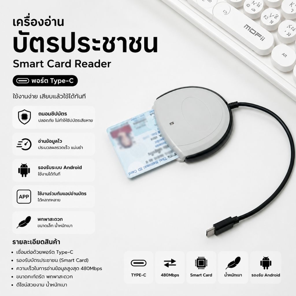 Identiv เครื่องอ่านบัตรประชาชน Smart card reader รุ่น SCR3310 V2.0 (Type C)