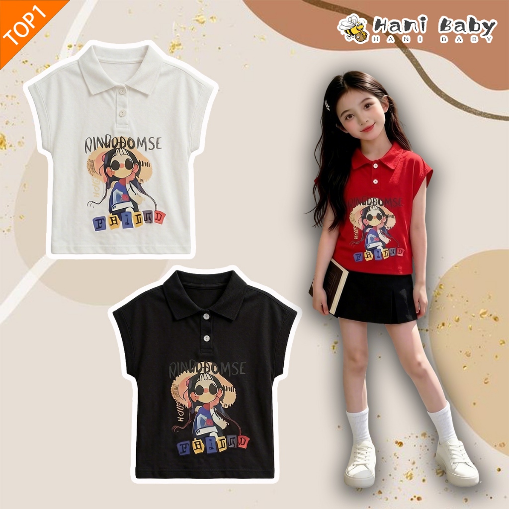 เสื้อโปโลแขนสั้นเด็กผู้หญิง เสื้อยืดเด็กแขนสั้น คอปก พร้อมลายน้องสาว แมทช์ง่าย