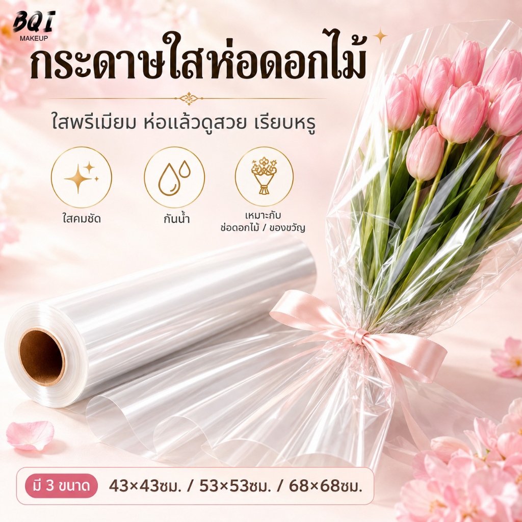 กระดาษแก้วใสห่อดอกไม้ กันน้ำ แผ่นใสสำหรับจัดช่อดอกไม้ ห่อของขวัญ DIY เรียบหรู