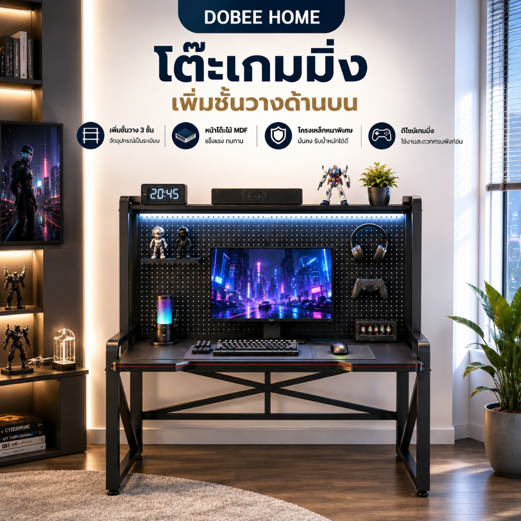 DOBEE HOME โต๊ะคอมพิวเตอร์เกมมิ่ง สีดำ ขนาดใหญ่ เพิ่มชั้นวาง Pegboard ดีไซน์โมเดิร์น ประหยัดพื้นที่