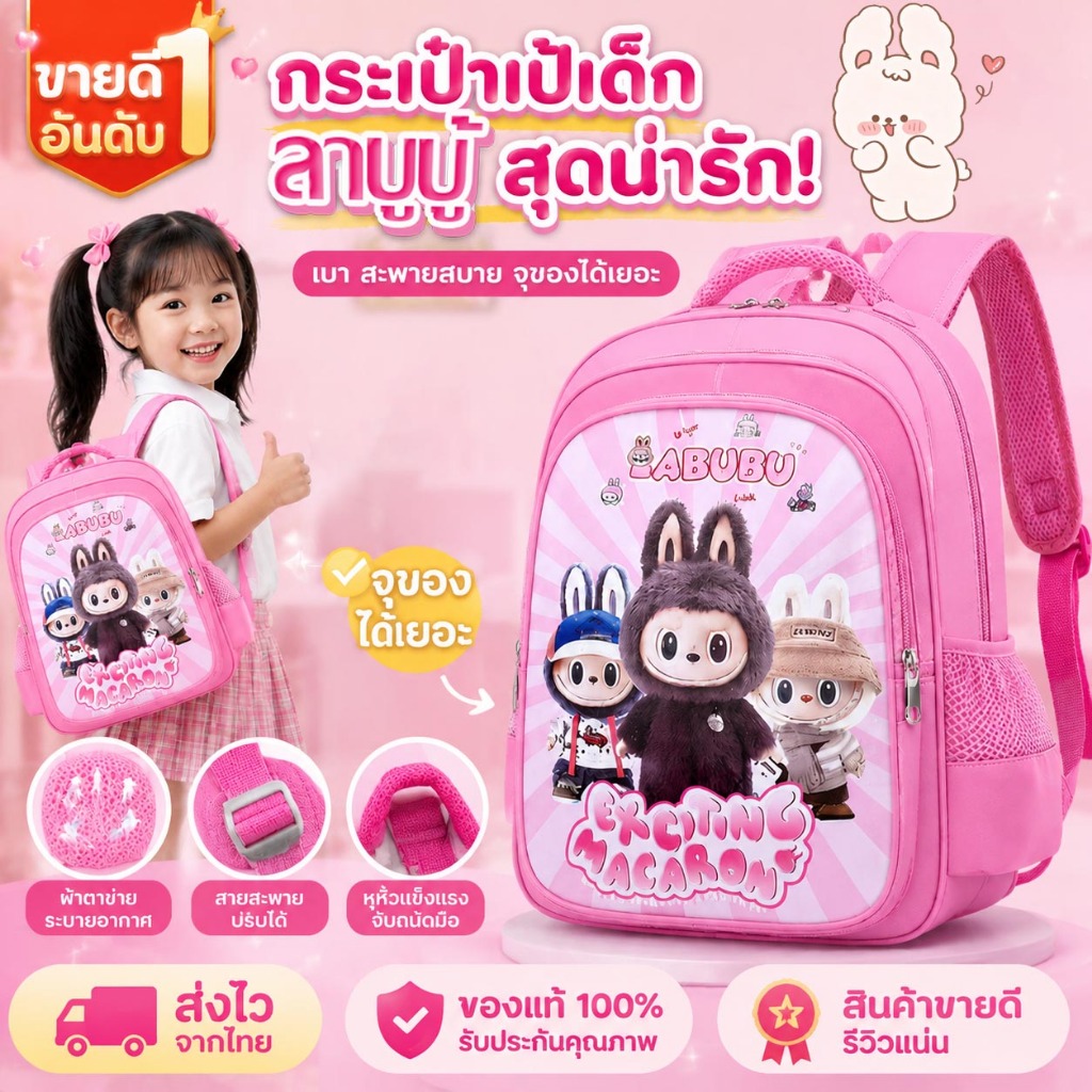 กระเป๋าเด็ก กันน้ำ ความจุสูง กระเป๋าที่มีภาพการ์ตูนน่ารัก สายสะพายนุ่มนวล สะดวกพกพา