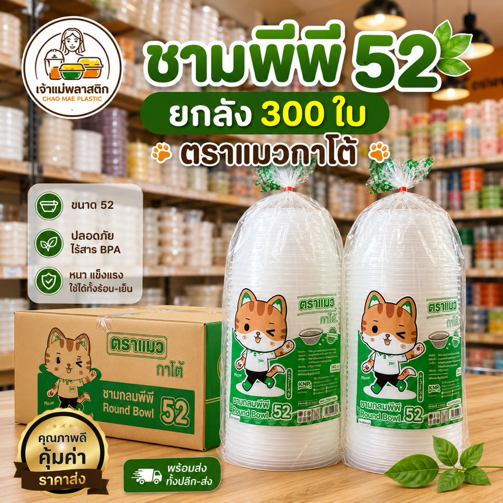 300 ใบ ถ้วยชามพลาสติก PP52 ขนาด 560ml ใส่อาหารได้ทั้งร้อนและเย็น