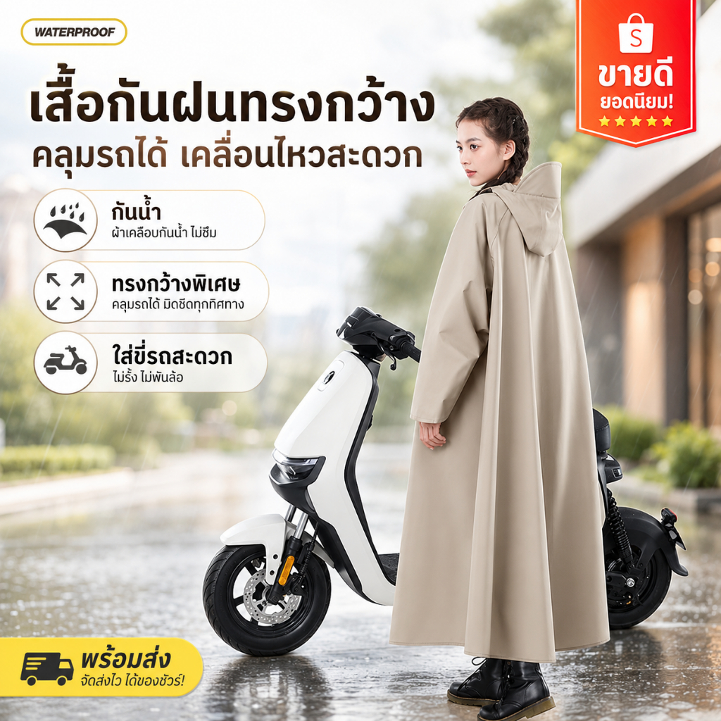 [ ขายดี] เสื้อกันฝนยาวคลุมทั้งตัว ผ้าหนาทนทาน แขนจั๊มกันน้ำซึม สำหรับส่วนสูง 150-180 CM
