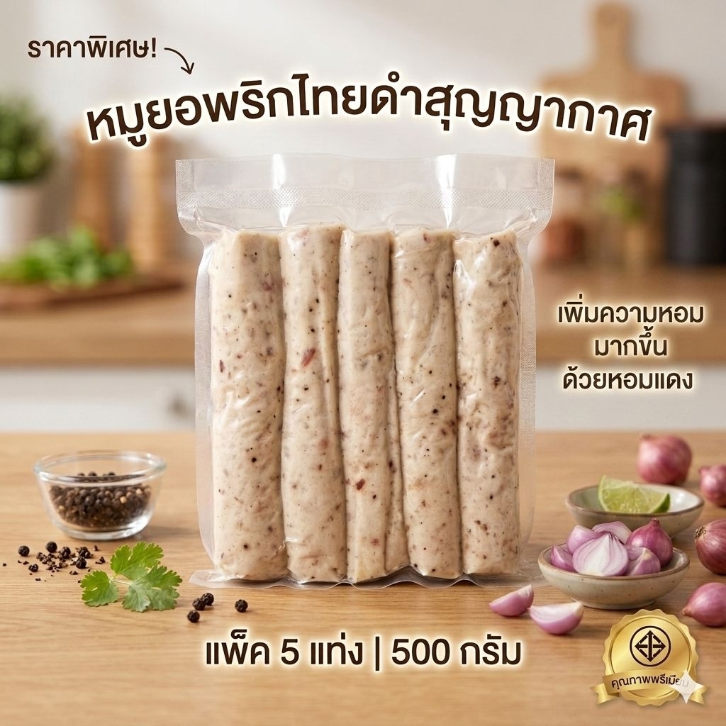 🐷หมูยอพริกไทยดำ เพิ่มความหอมอร่อยด้วยหอมแดง 🐷แพ็คสุญญากาศ 5 แท่งสุดคุ้ม