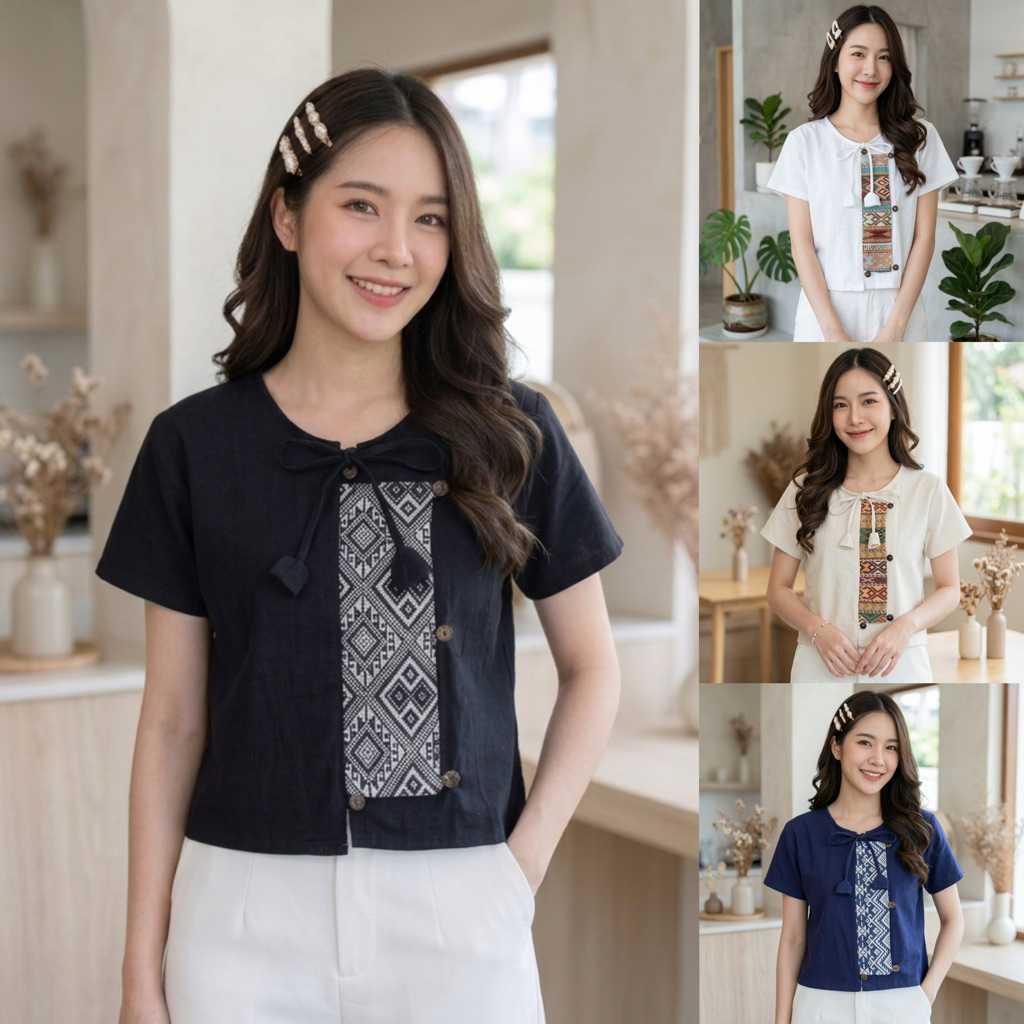 เสื้อผ้าฝ้าย คอกลมผูกโบว์  ผู้หญิง งานโบว์ทิวลิป แต่งเทปผ้าทอ ผ้านิ่ม ใส่สบาย ดีไซน์น่ารัก