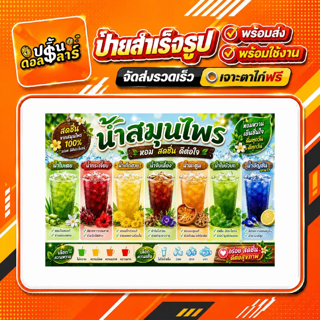 ป้ายน้ำสมุนไพร ป้ายขายน้ำสุมนไพร ป้ายน้ำสมุนไพร เเบบสำเร็จรูป พร้อมส่ง เจาะตาไก่ฟรี