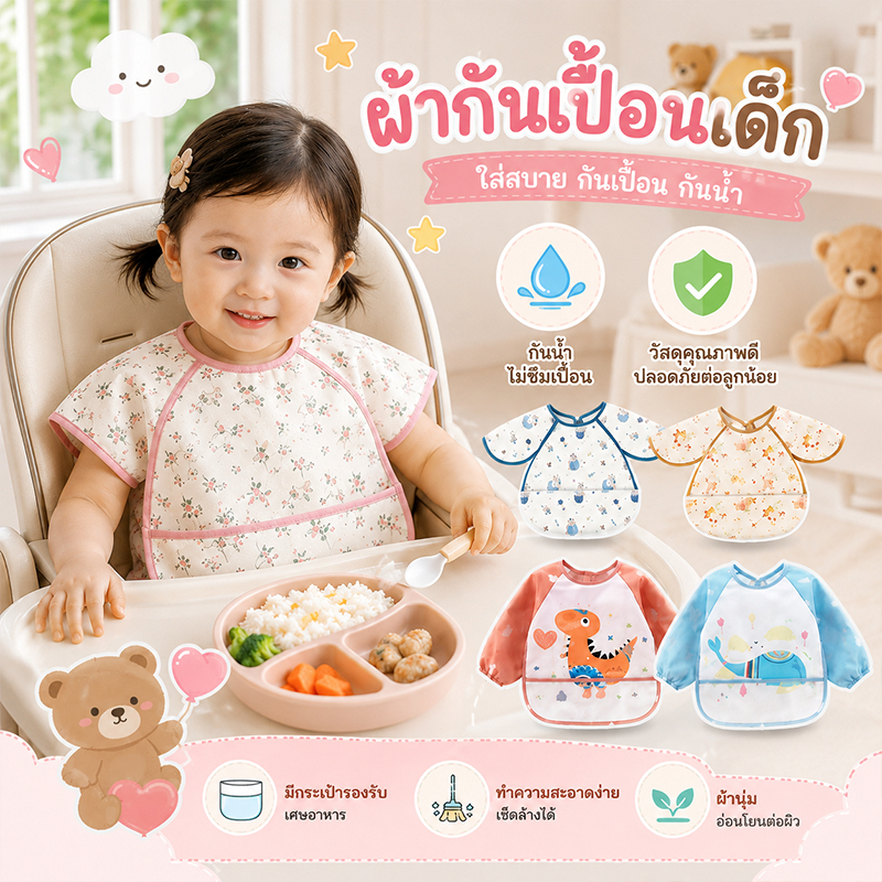 COD ผ้ากันเปื้อนเด็ก ผ้ากันเปื้อน รูปแบบการ์ตูนน่ารัก กันน้ำ ใส่ง่าย สวมใส่สะดวก