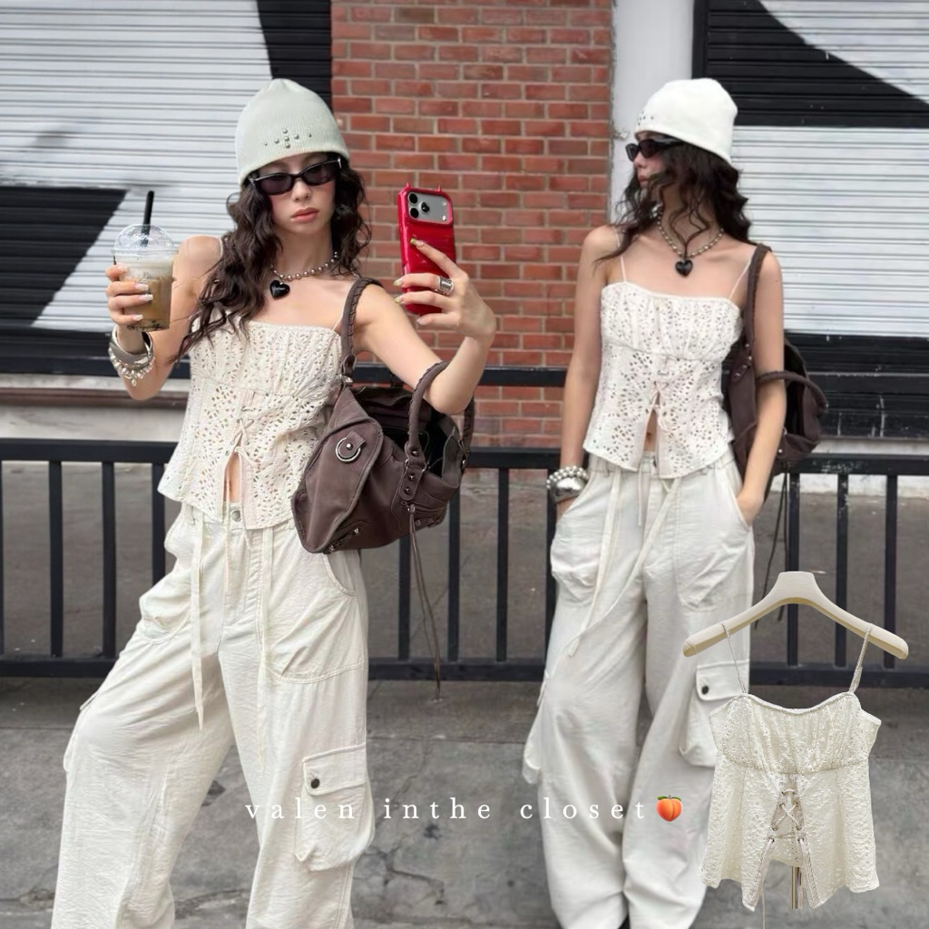 ส่งด่วน 🛵26C376 𝗔𝗗𝗘𝗟𝗜𝗡𝗘 𝗟𝗔𝗖𝗘 𝗧𝗢𝗣 สายเดี่ยวงานลูกไม้คอร์เซ็ตที่ใส่แล้วหุ่นสับแบบลูกคุณ MMFISH