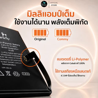 Commy แบตเตอรี่ iPhone เพิ่มความจุ ขั้วแท้ เช็คแบต 100% ใช้สำหรับ IP 12 12Pro 13 13Pro 14 14Pro 15 มอก. แท้ ประกัน 1 ปี