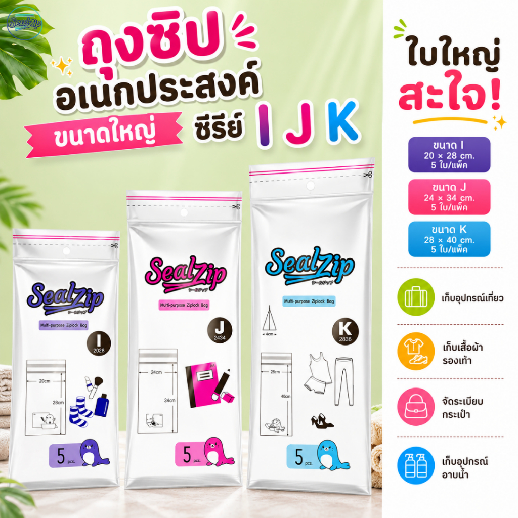 Sealzip ถุงซิปขนาดใหญ่ ซิปแน่น รุ่น I / J / K ใช้ง่าย คุ้มทุกใบ เก็บเสื้อผ้า ของใช้ได้ครบในถุงเดียว