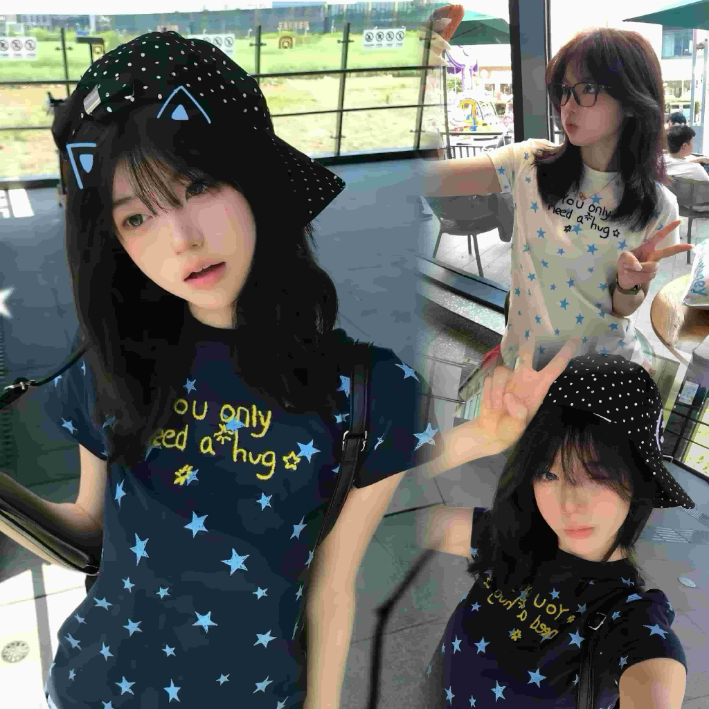 อเมริกันเกาหลีหวานดาวเต็มพิมพ์ตรงไหล่แขนสั้นเสื้อยืดผู้หญิงฤดูร้อนตัวอักษรใหม่ปักสาวฮอตชุดสลิม,X1081