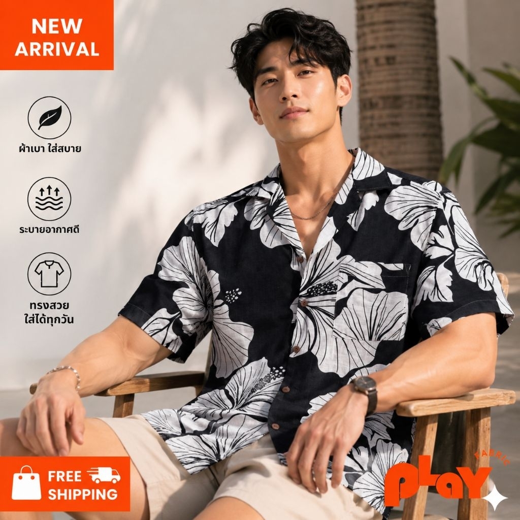 [New Arrival] เสื้อฮาวายลายดอกชบา (Dark Bloom) สีดำคลาสสิก ผ้าไหมฝรั่งเศส เนื้อนุ่ม เบา ใส่สบาย ระบายอากาศดี ผลิตในไทย
