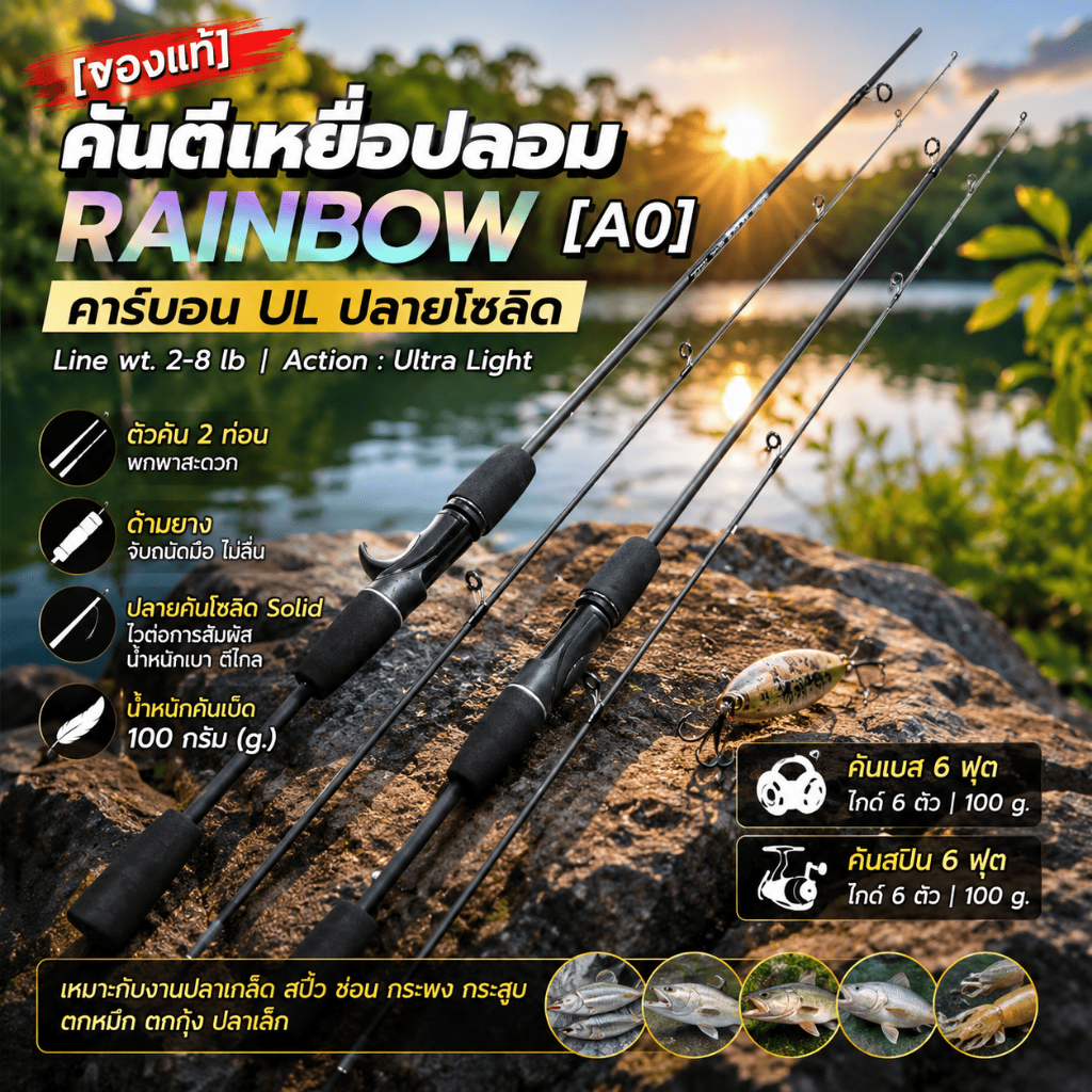 [ ของแท้ ] คันตีเหยื่อปลอม คาร์บอน UL Rainbow [A0] ปลายโซลิด Line wt. 2-8 lb