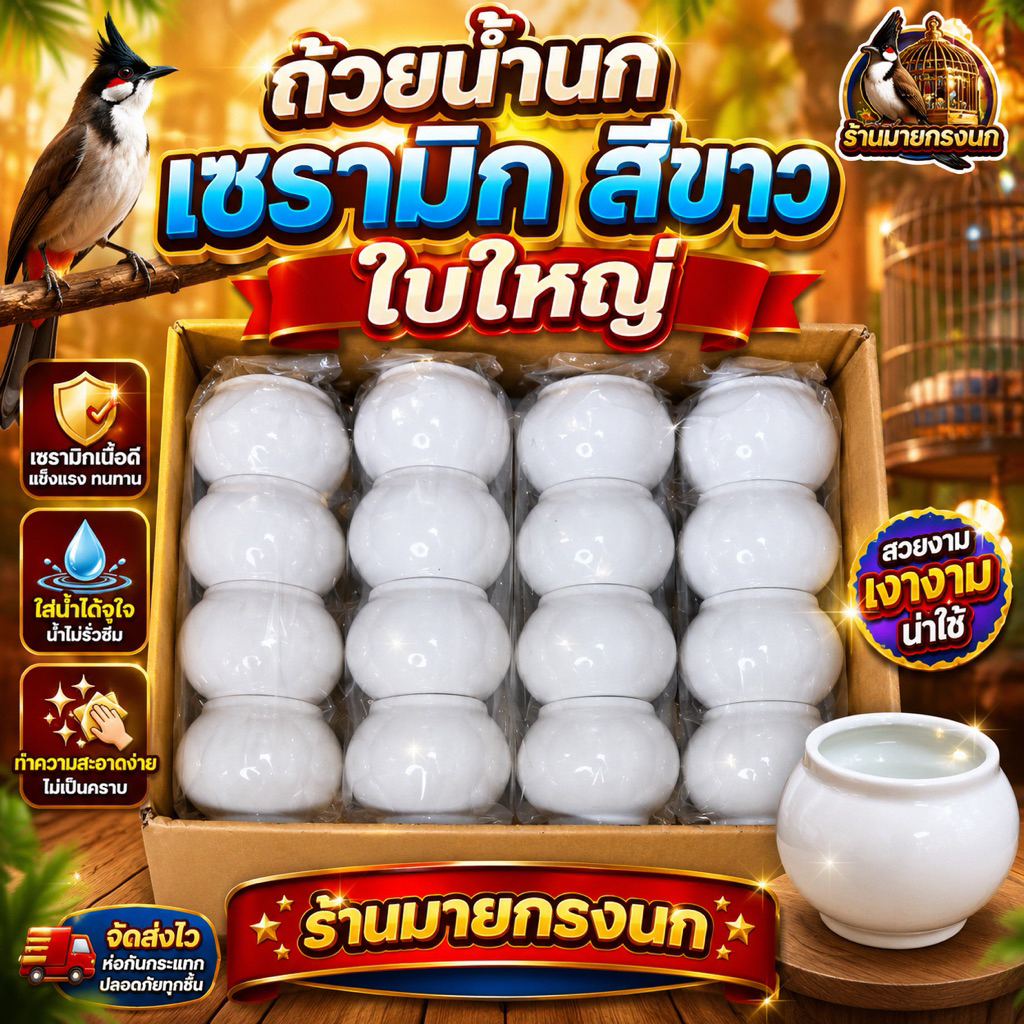ถ้วยน้ำนกกะทิ เซรามิก สีขาว ใบใหญ่