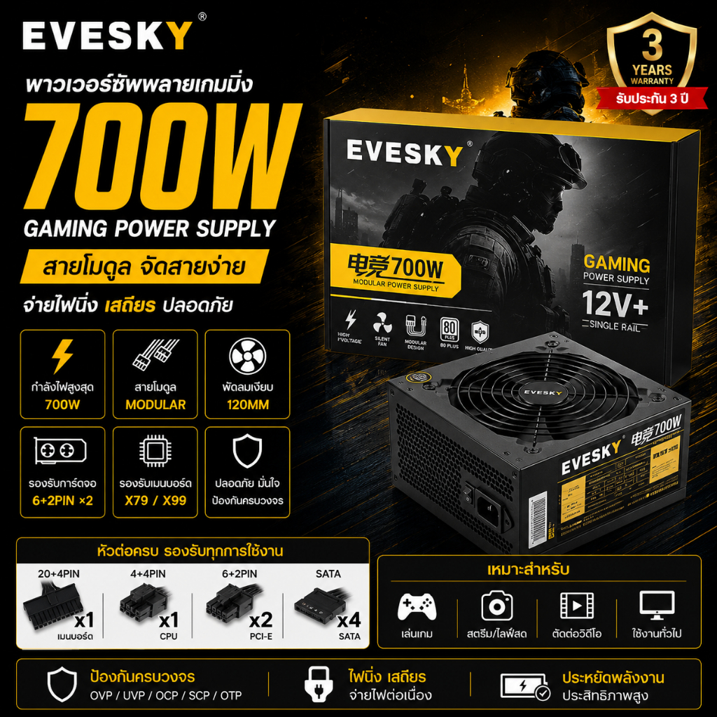 แหล่งจ่ายไฟ EVESKY 700 ที่ได้รับการจัดอันดับ 700W แหล่งจ่ายไฟคอมพิวเตอร์เดสก์ท็อปโฮสต์แหล่งจ่ายไฟ 75