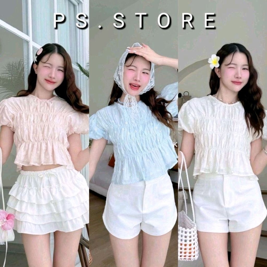 Enfant : เสื้อแขนตุ๊กตา จั้มเอว3ชั้น แต่งระบายผูกโบว์อก รูปที่ 2
