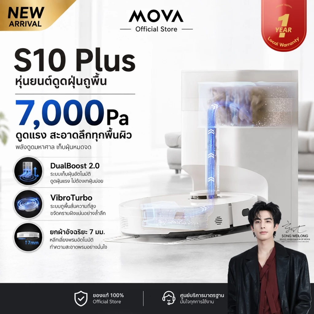 MOVA S10 Plus หุ่นยนต์ดูดฝุ่นถูพื้น 7000Pa ถูสั่นทรงพลัง ถังเก็บฝุ่น 4L ยกผ้าถู 7 มม. ตรวจจับพรม สำหรับบ้านเลี้ยงสัตว์