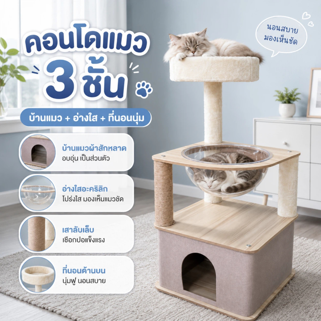 คอนโดแมวพร้อมอ่างใส 3 ชั้น บ้านแมว ที่นอนแมว เตียงแมว เสาลับเล็บแมว แข็งแรง นอนสบาย