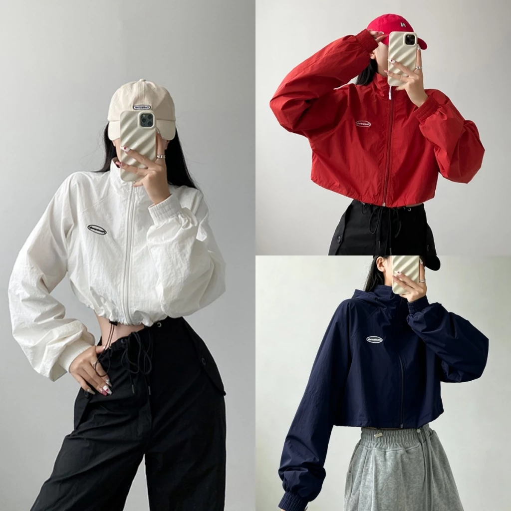 Beryl shop เสื้อคลุมสั้นผู้หญิง เสื้อคลุมแขนยาวผู้หญิง ซิป ดีไซน์เชือกผูก สไตล์เกาหลีเรียบง่าย หลวมและสบาย BF