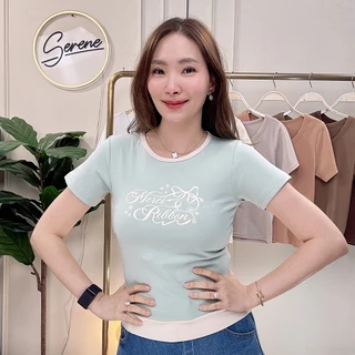 Serene's Choice เสื้อยืด คอกลม กุ๊นคอ ต่อชาย ทูโทน สกรีนลาย Merci Ribbon สไตล์เกาหลี เสื้อผ้าแฟชั่น