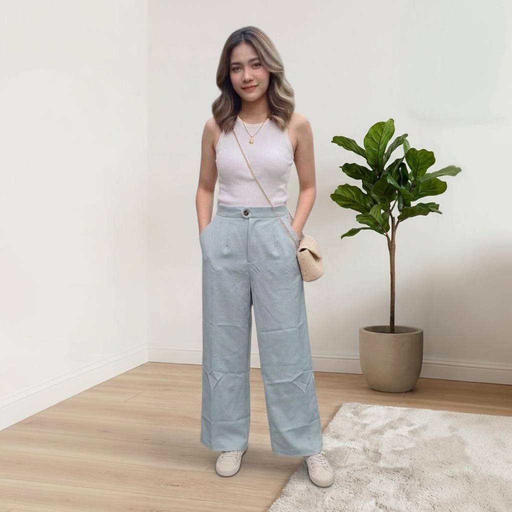 กางเกงขายาวผู้หญิง กระบอกกลางขอบธนูกระดุมหน้าเม็ตเดียว(S-2XL)
