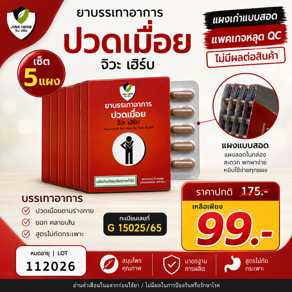 เซ็ต 5 แผงเดี่ยว ยาบรรเทาอาการปวดเมื่อย จิวะเฮิร์บช่วย คลายเส้น ยอก ไม่กัดกระเพาะ