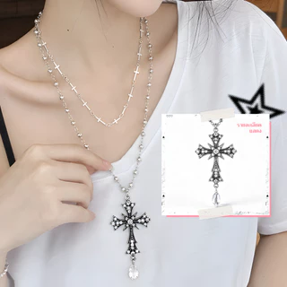 LUCKYROSE สร้อยคอสองชั้นซิลเวอร์ครอส สไตล์ Sweet & Cool สำหรับผู้หญิง แบบคล้องคอ