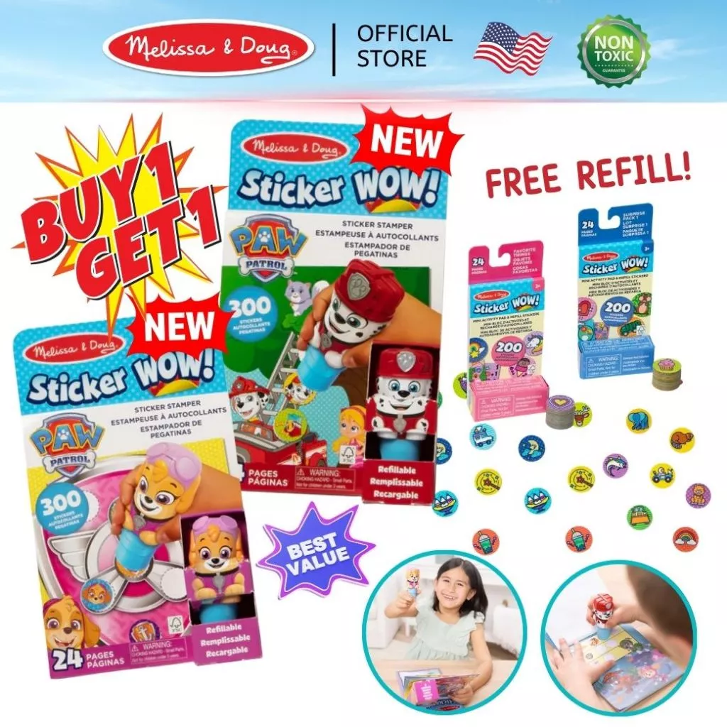 (1แถม1 สุดคุ้ม) รีฟิลฟรี ตัวปั๊มสติ๊กเกอร์เด็ก 300 ดวง กิจกรรม 24 แผ่น Refillable Sticker WOW Stamper Set Melissa &Doug