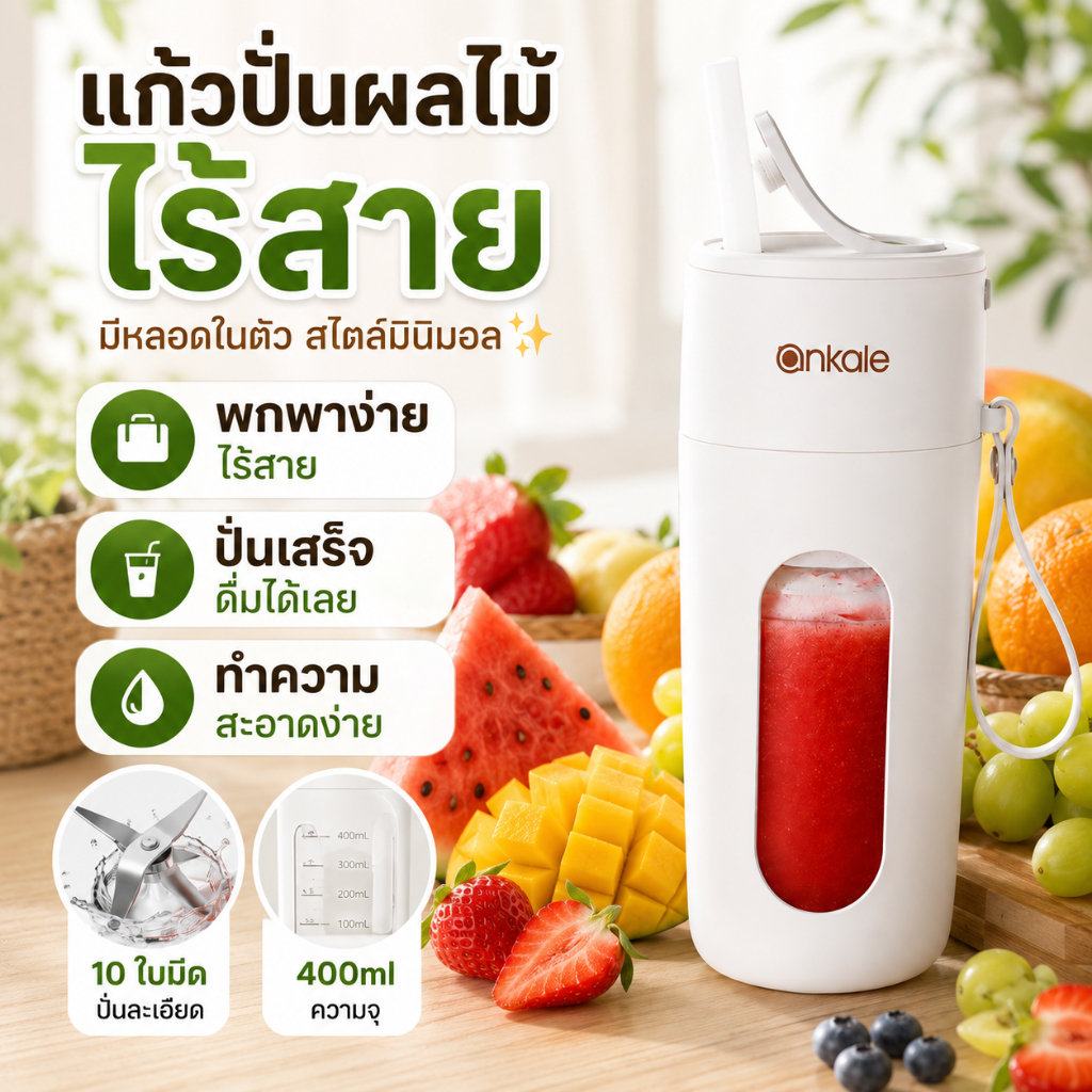 THAI แก้วปั่นผลไม้ เครื่องปั่นพกพา รุ่นไร้สาย ดีไซน์สไตล์มินิมอลสวยงาม มาพร้อม 10 ใบมีด ปั่นละเอียดได้อย่างรวดเร็ว