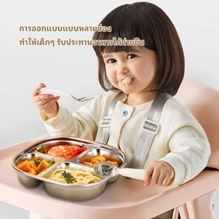Watsuno.จานอาหารสแตนเลสแบบแบ่งช่อง สำหรับเด็กและนักเรียน ถาดหลุมใส่อาหาร ทนทาน กันสนิม ทำความสะอาดง่าย
