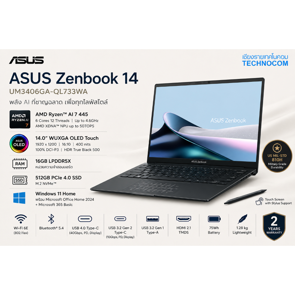 NOTEBOOK (โน๊ตบุ๊ก) ASUS ZENBOOK UM3406GA-QL733WA R7-445/16GB RAM/SSD 512GB/14"/W11H/OFF