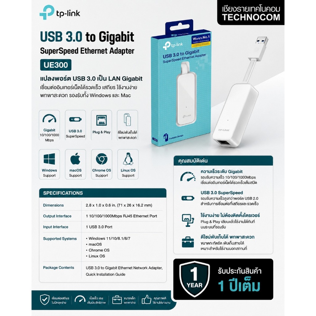 TP-LINK UE300 USB 3.0 to LAN (ตัวแปลง USB เป็น LAN) Gigabit Ethernet Adapter สำหรับ Windows/Mac
