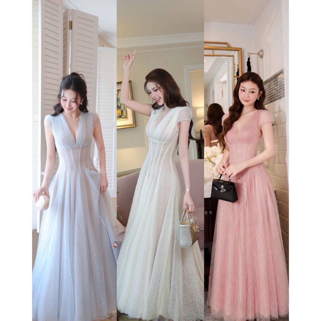 Tranali Brand: เดรสยาวผ้าลูกไม้ซีทรู(มีซับ) คอวี กระโปรงเบิ้ลฟูลุคเจ้าหญิง