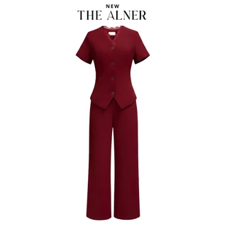 Thealner-AN179 (เซตเสื้อคอวีแต่งลูกไม้แขนสั้นกางเกงขายาว)