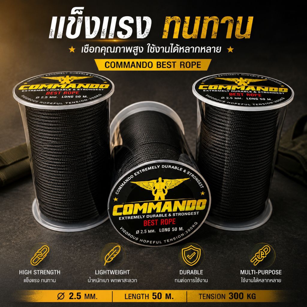 เชือก Commando มี 3 ขนาด 2.0 มิล 2.5 mm และ 3.0 mm มี ความ 2/3/4/5/10