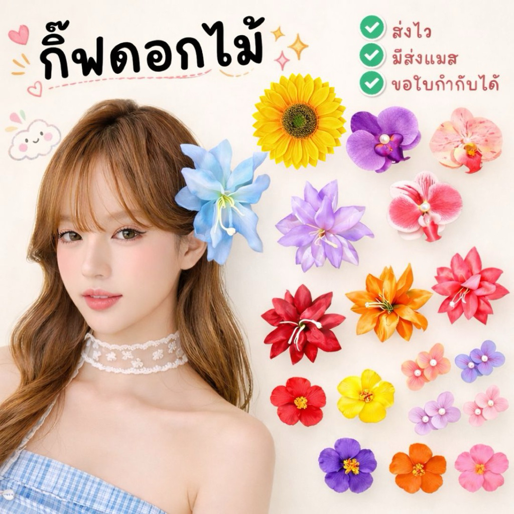 🏍️มีส่งแมส จาก กทม🔥กิ๊บดอกไม้ กิ๊ฟดอกไม้ กล้วยไม้ ชบา ลีลาวดี หลายสี พร็อพปาร์ตี้ แฟนซี ทองกวาว สงกรานต์
