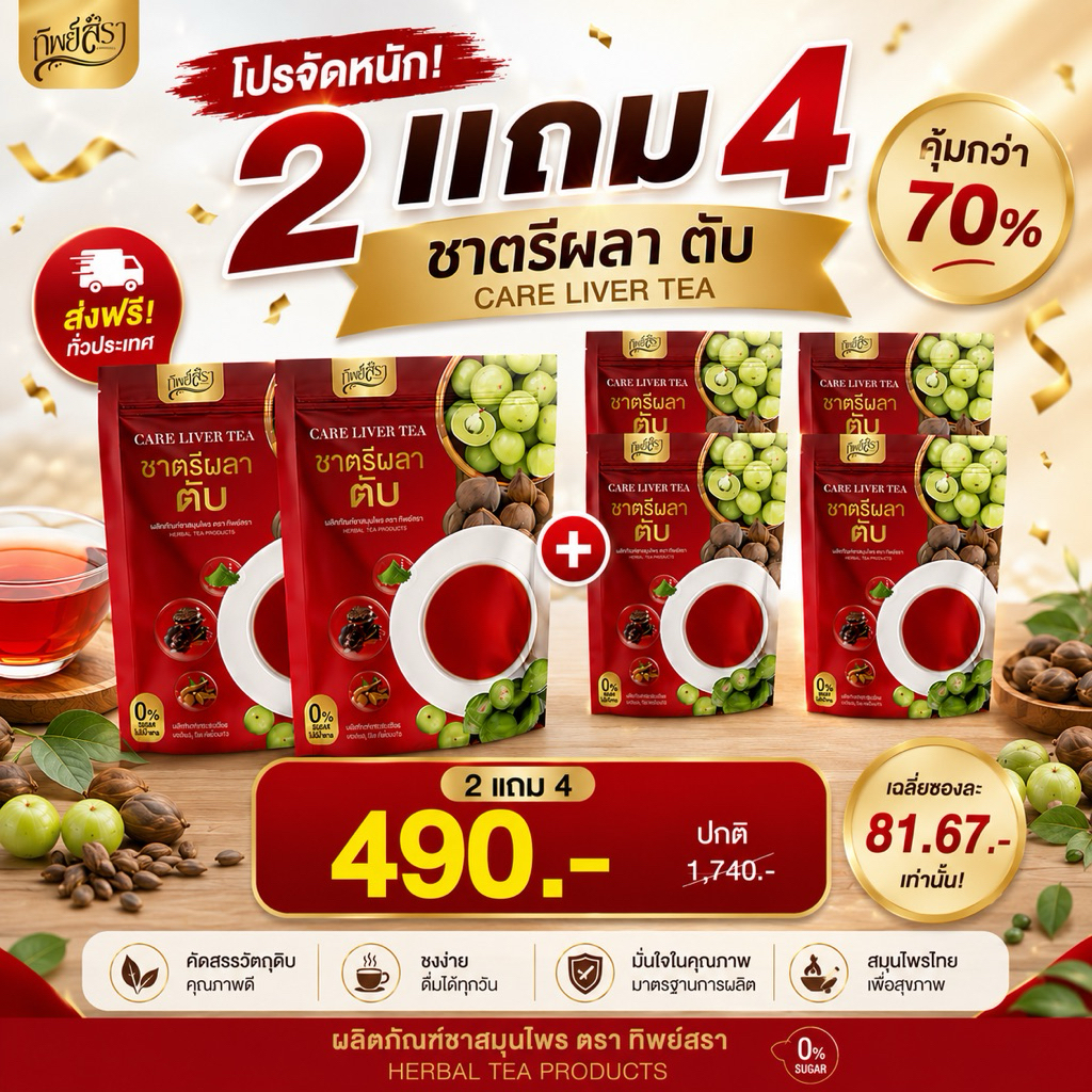 โปร 2 แถม 4 ชาตรีผลาตับ ตราทิพย์สรา ล้างพิษตับ ฟื้นฟูตับ บรรจุห่อละ 30 ซองชา