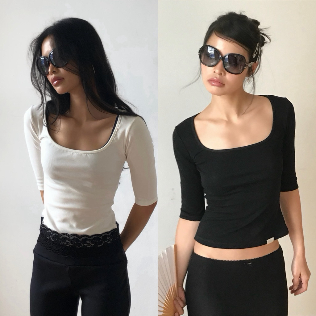 BEMYCHIC เสื้อครอปคอเหลี่ยมแขนสามส่วน รุ่นBianca Top