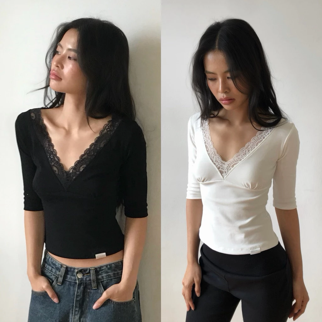 BEMYCHIC เสื้อคอวีลูกไม้แขนสามส่วน รุ่นLeonie Top