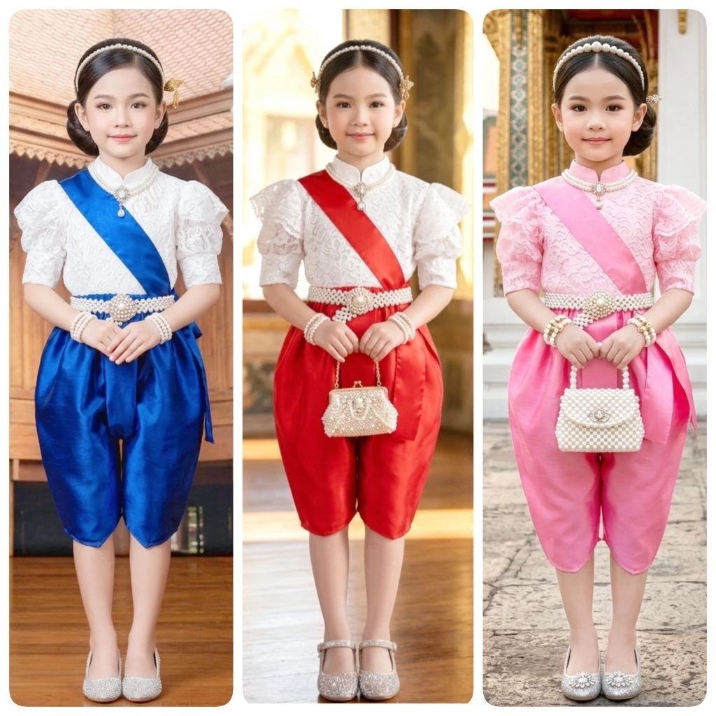 ชุดไทยเด็ก รุ่นโจงกระเบน+เสื้อลูกไม้แขนตุ๊กตาไหล่ยก+สไบ รวม 3 ชิ้น *ไม่รวมเครื่องประดับ*