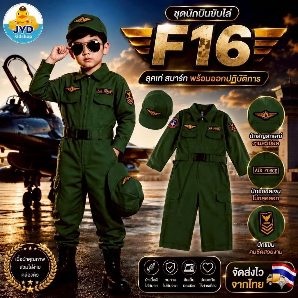 (jyd) ชุดอาชีพเด็ก ชุดหมีทหารอากาศสีเขียว พร้อมหมวก ชุดนักบินเด็ก
